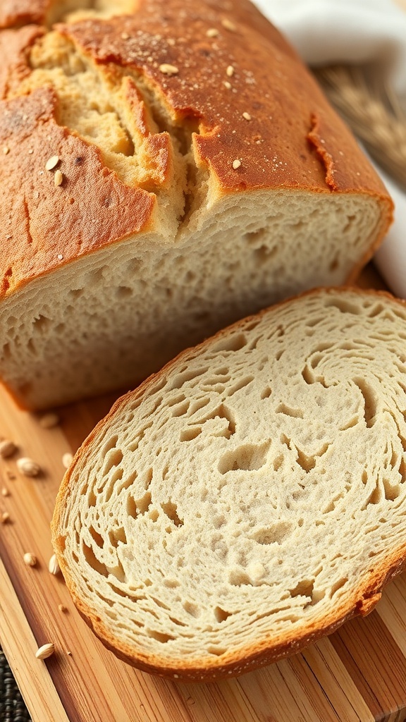 100% Whole Wheat Sourdough Bread Recipe A rustic loaf of whole wheat sourdough bread sliced to show its texture, on a wooden board with wheat grains.